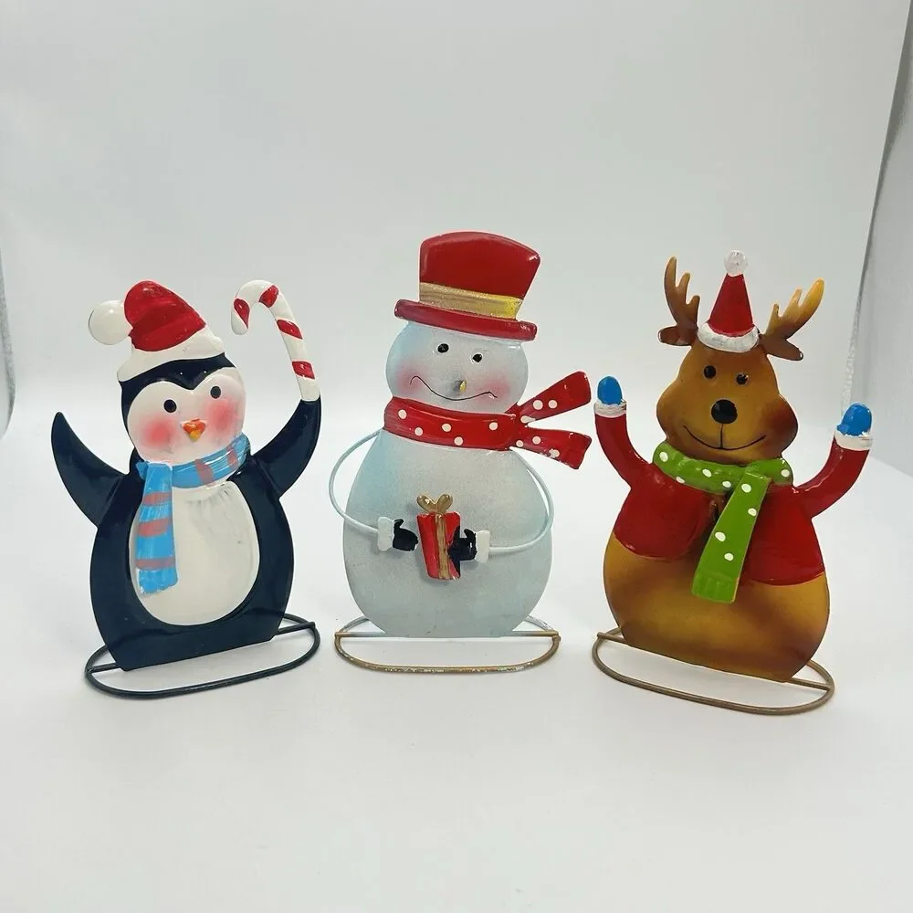 Lot of 3 Metal Christmas Decor Penguin Snowman Reindeer Holiday Tabletop Figures